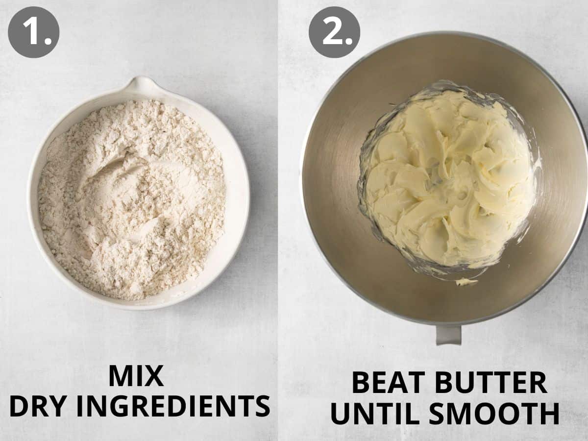 Dry ingredients in a mixing bowl, and butter whipped in a bowl