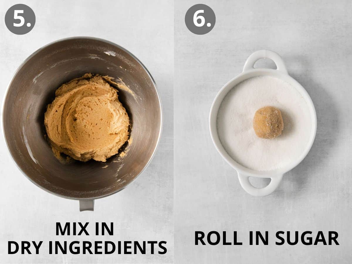 Ingredients all mixed together, and one cookie dough ball rolled in sugar