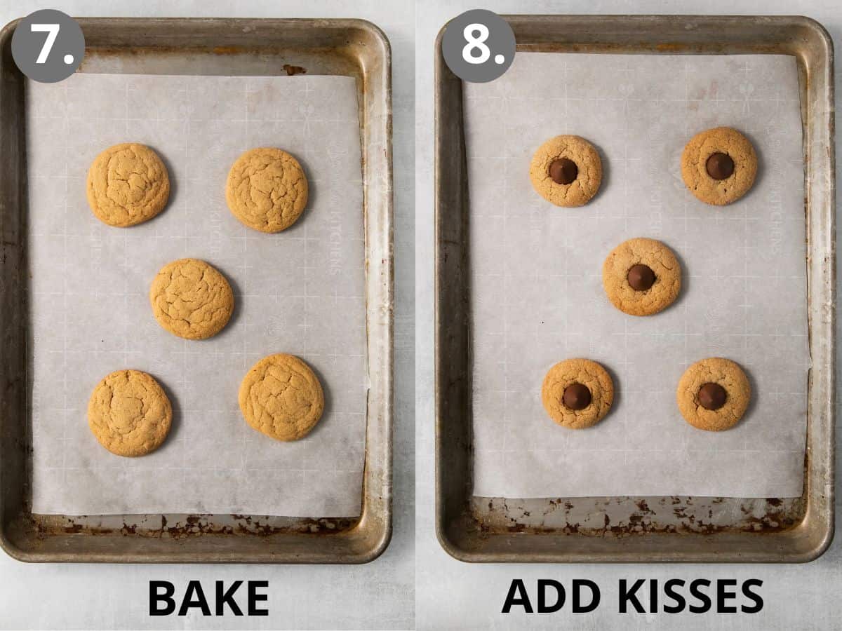 Cookies baked on a baking sheet, and cookies with Hershey's Kisses added on top