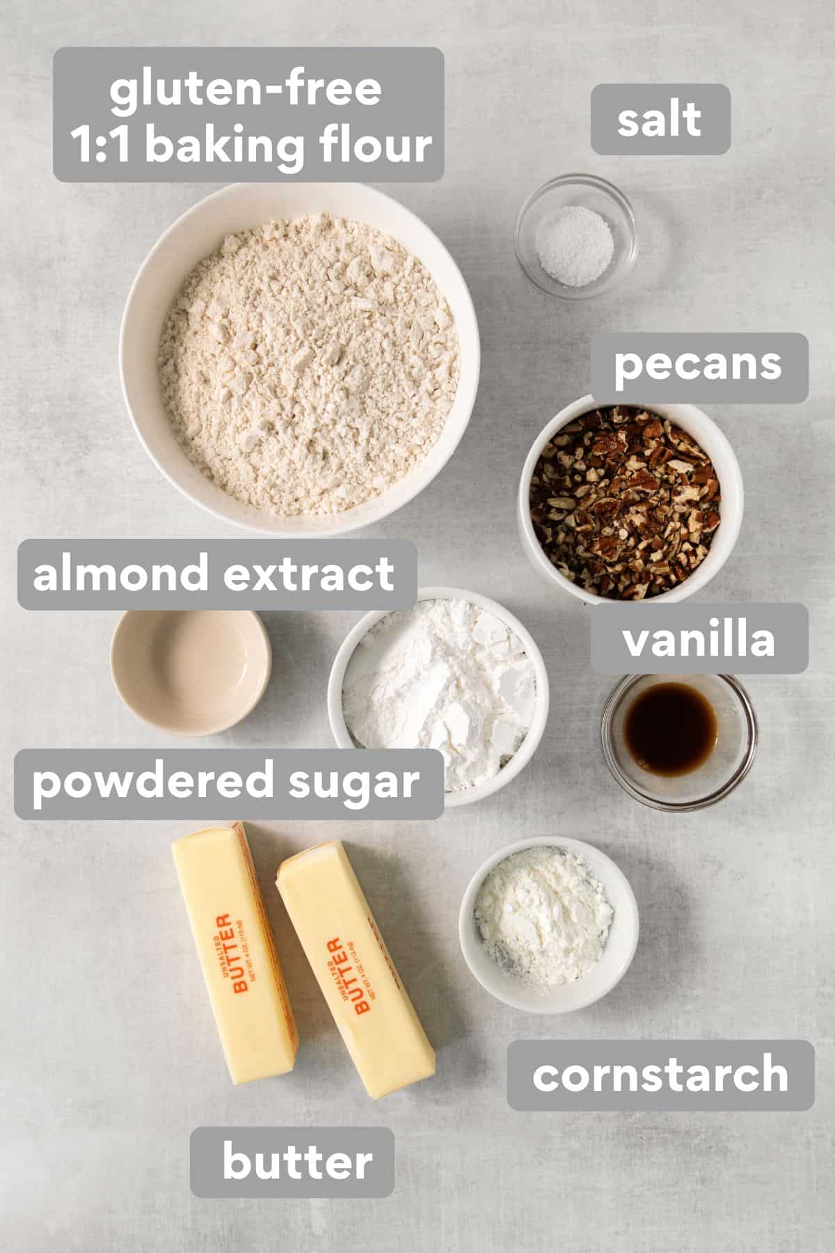 Ingredients for gluten-free snowball cookies on a counter top