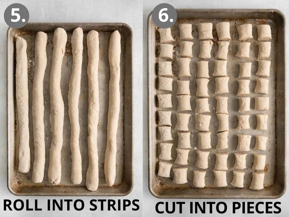 Strips of pretzel dough on a baking tray, and pieces of pretzel dough on a baking tray