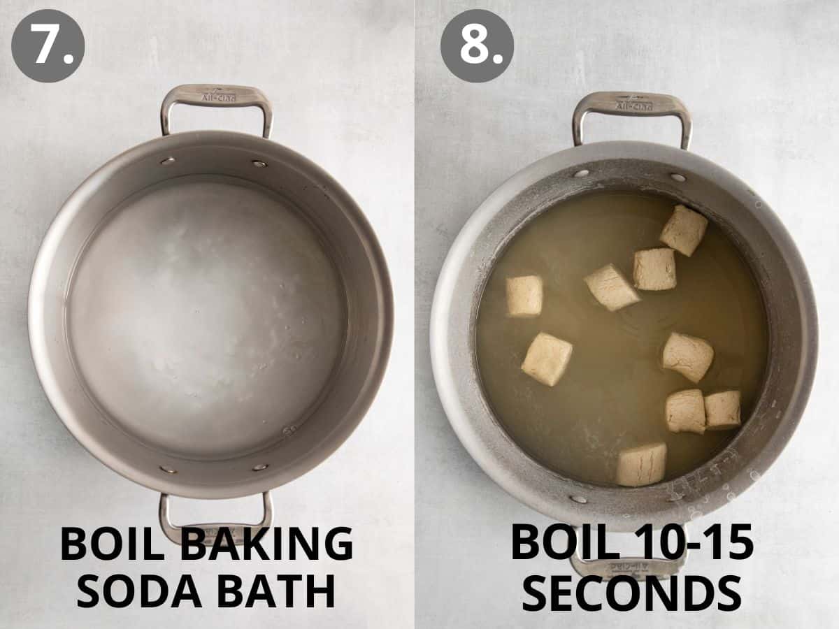 Baking soda and water boiling in a pot, and pretzel dough bites dropped into the boiling water
