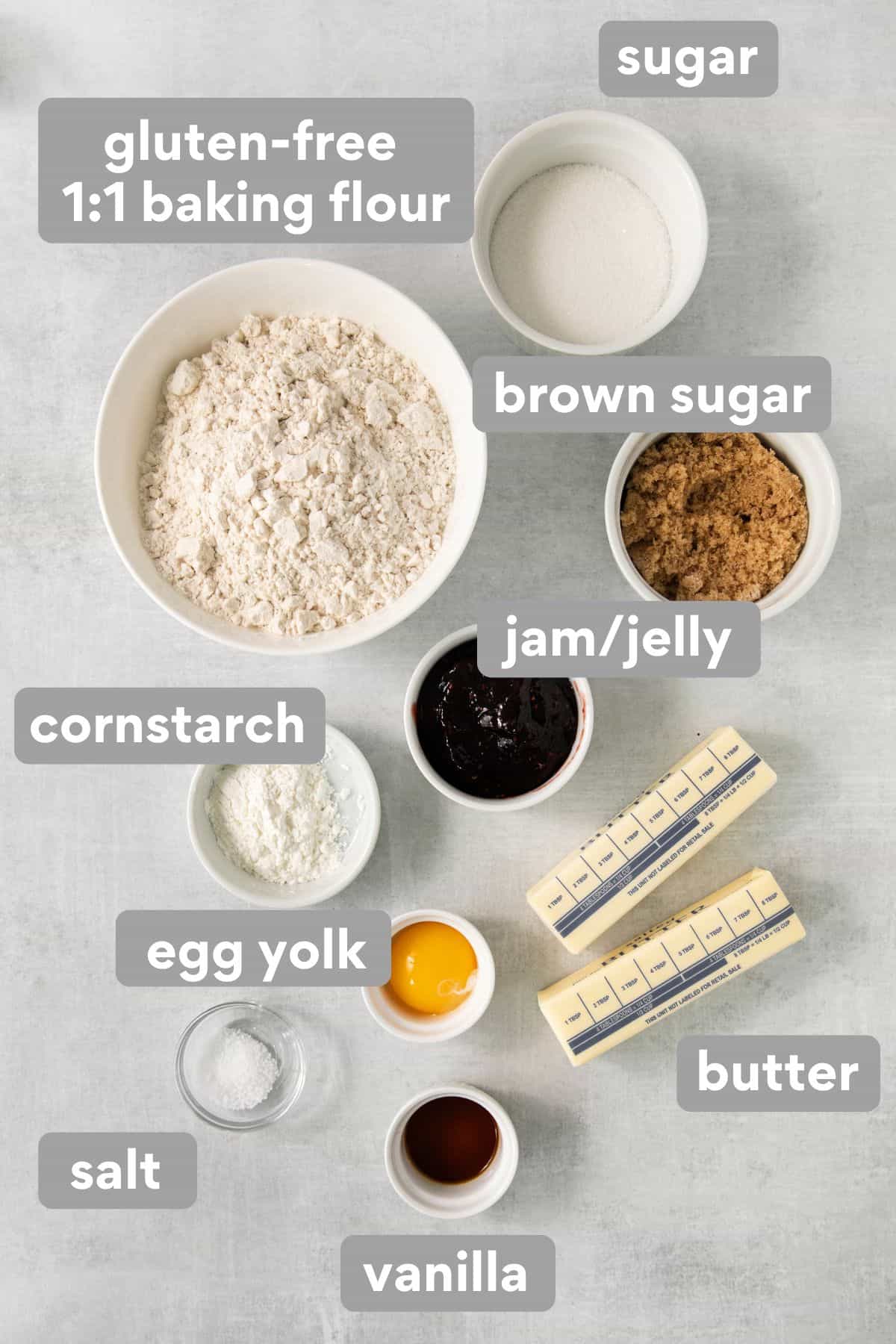 Gluten-free thumbprint cookie ingredients on a counter top
