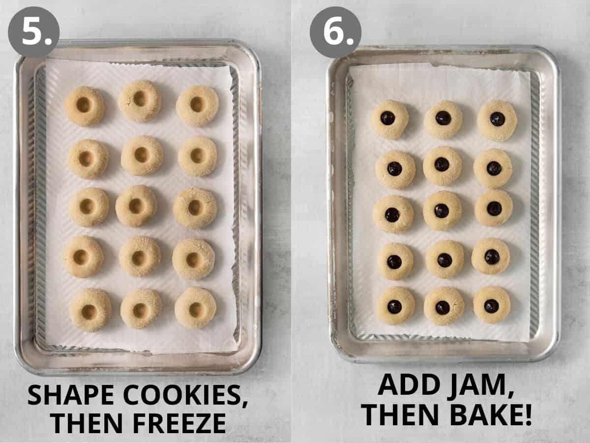 Thumbprint cookies on a baking tray, and jam added into the thumbprint cookies