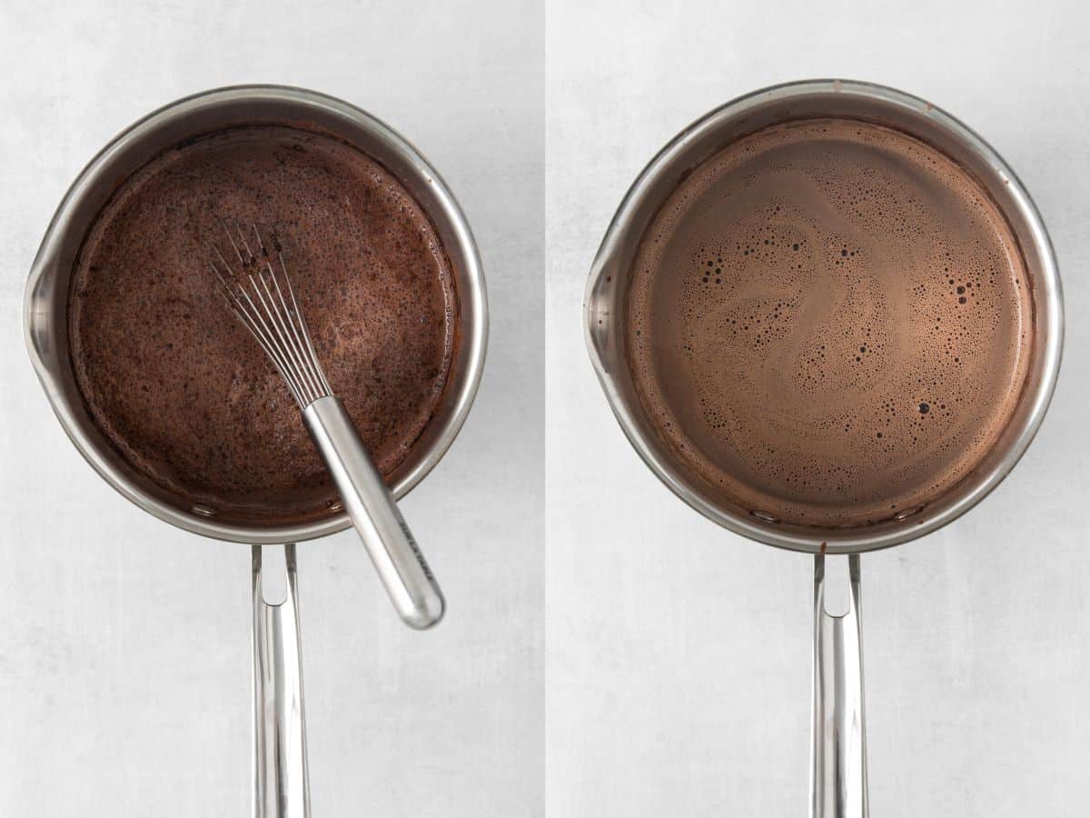 Gluten-free hot chocolate in a saucepan with a whisk, and gluten-free hot chocolate in a saucepan