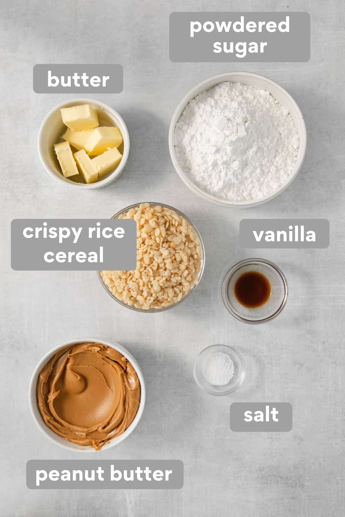 Ingredients for peanut butter balls with Rice Krispies on a counter top