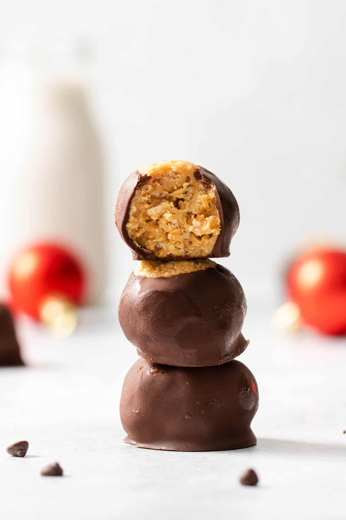 Peanut butter balls stacked on top of each other