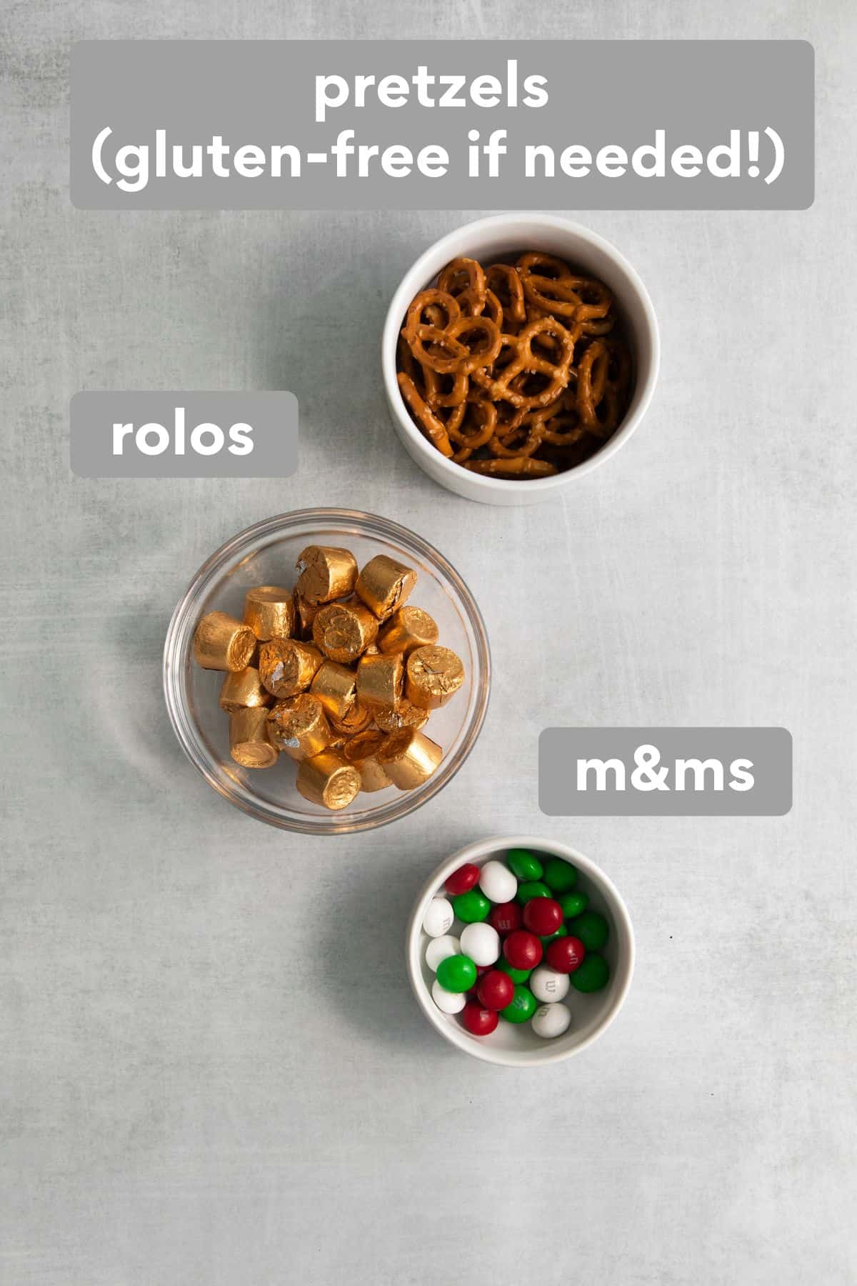 Ingredients for Rolo pretzel bites on a counter top