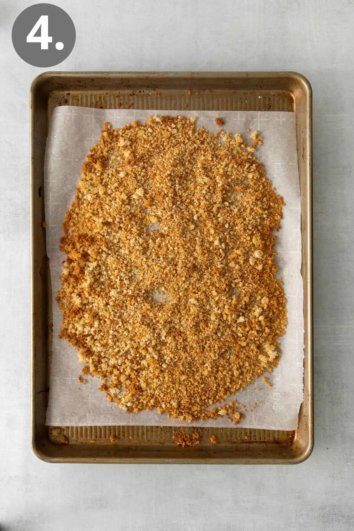Gluten-free breadcrumbs on a baking sheet