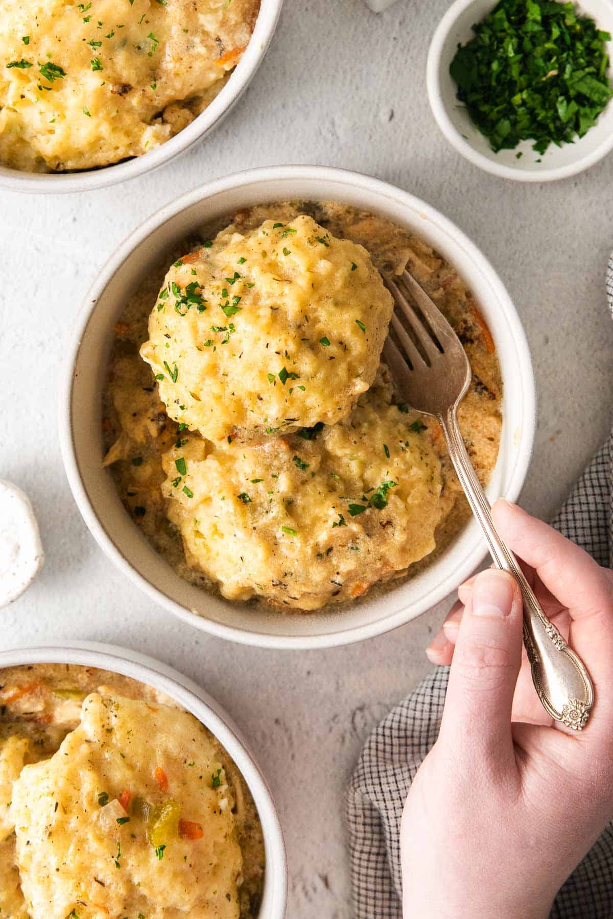 Chicken and dumplings in a bowl, and a hand with a fork scooping into the bowl