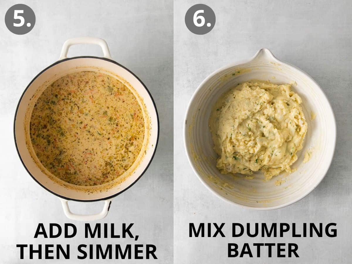 Milk and other ingredients simmering in a pot, and dumpling batter in a mixing bowl