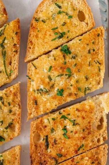A close-up photo of gluten-free garlic bread