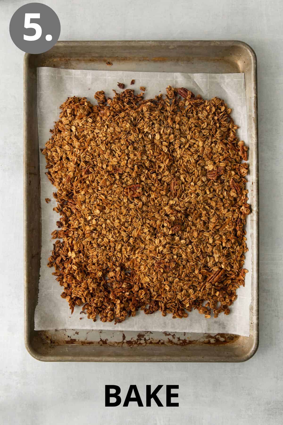 Gluten-free granola baked on a baking sheet