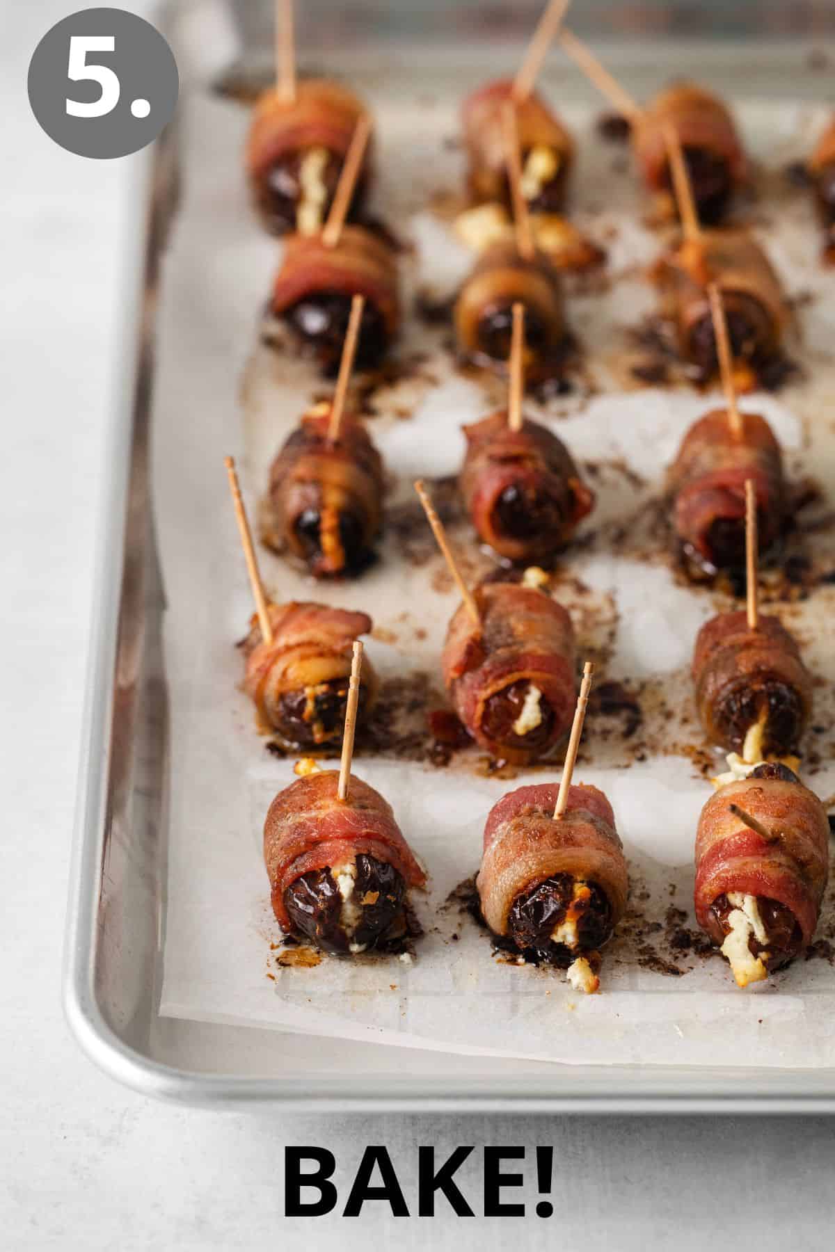 Baked bacon-wrapped dates on a baking sheet