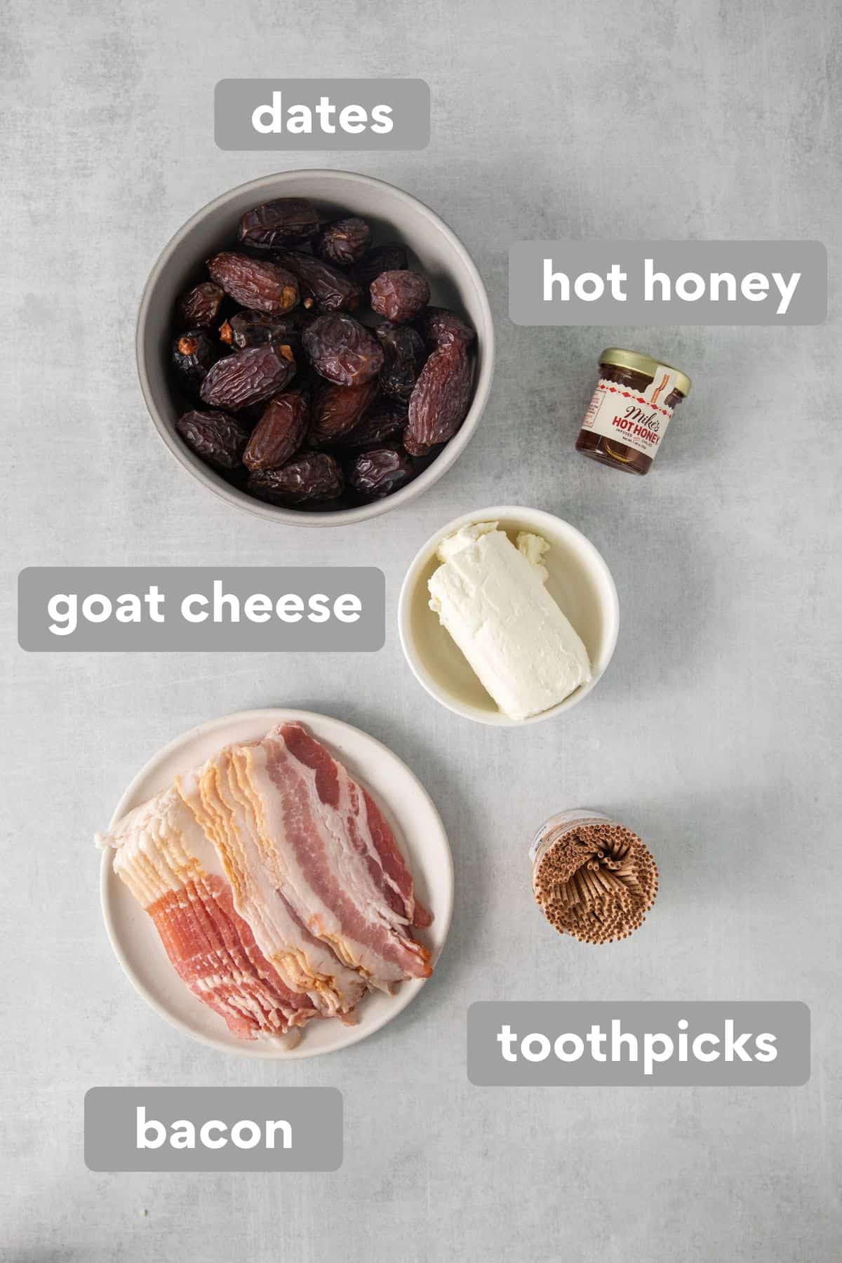 Ingredients for bacon-wrapped dates on a countertop
