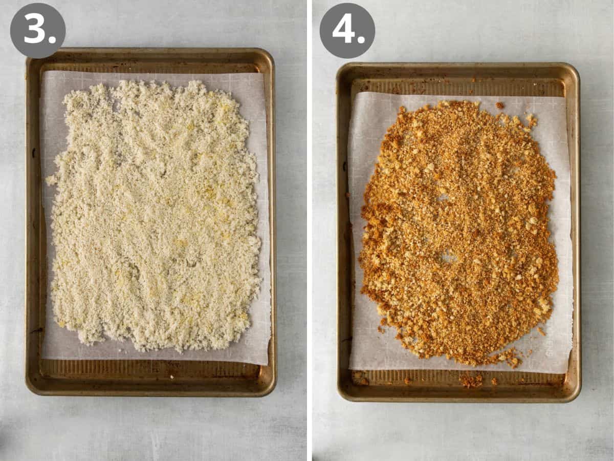gluten-free breadcrumbs on a baking sheet, before and after baking