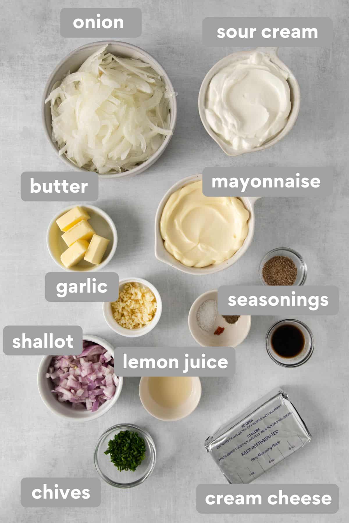 Caramelized onion dip ingredients on a countertop