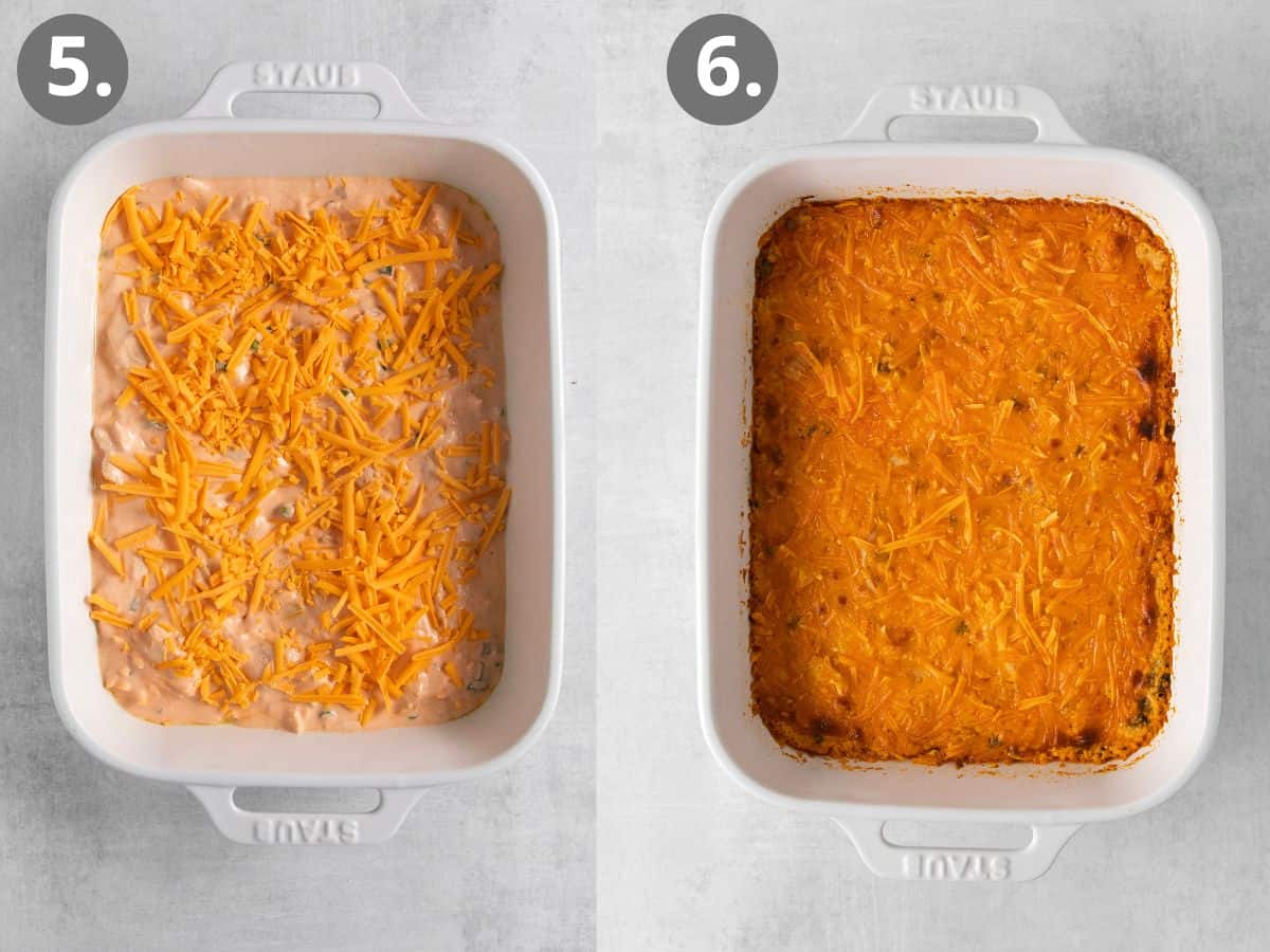 Dip in a baking dish, topped with shredded cheese, and baked buffalo chicken dip