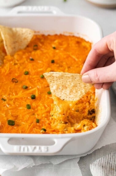 A hand holding a chip and dipping into the buffalo chicken dip