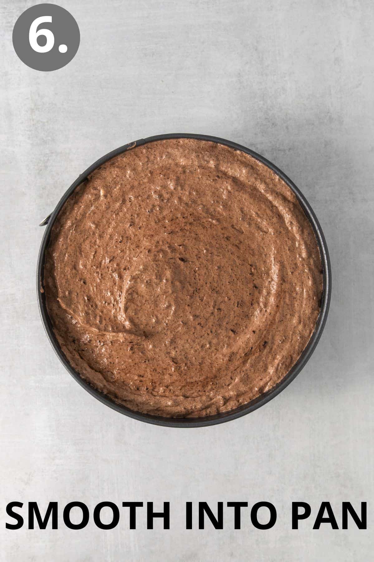 Flourless chocolate torte batter in a round cake pan