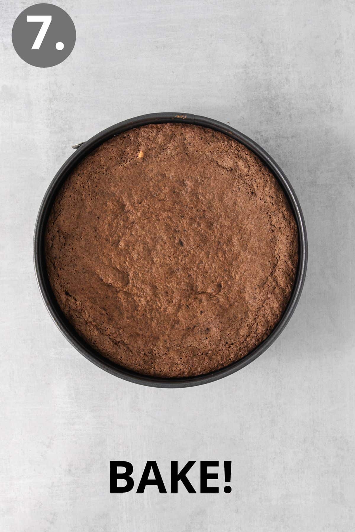 Baked fourless chocolate torte in a round cake pan