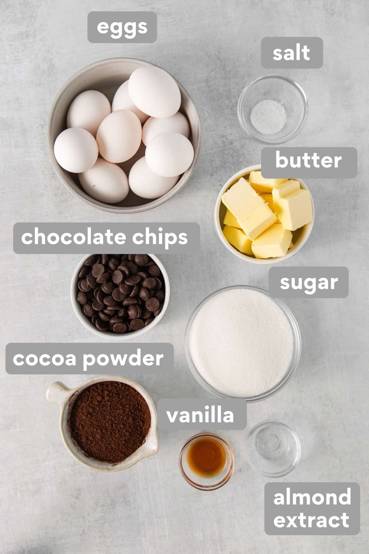 Flourless chocolate torte ingredients on a countertop