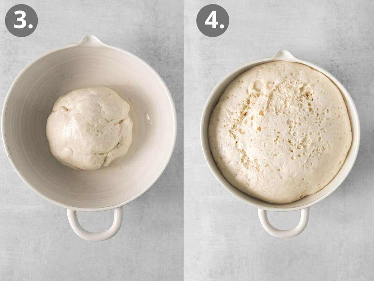 Dough formed into a ball and sitting in a pot, and rising breadstick dough in a pot