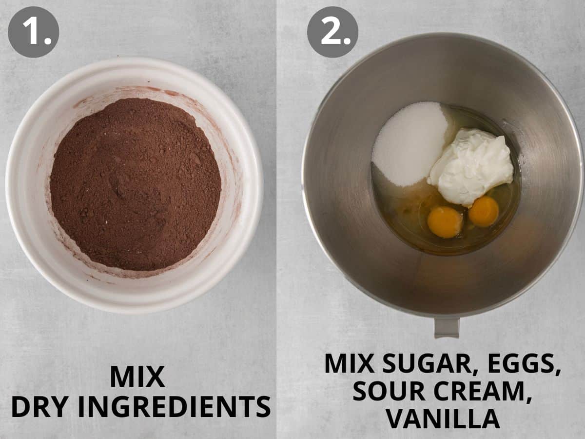 Dry ingredients mixed in a mixing bowl, and sugar and eggs mixed in a bowl of a stand mixer