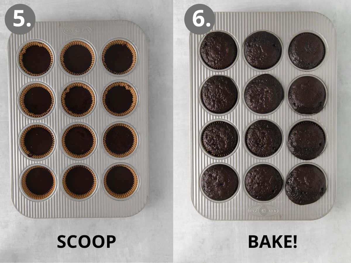 Chocolate cupcake batter in a cupcake pan, and baked cupcakes in a pan
