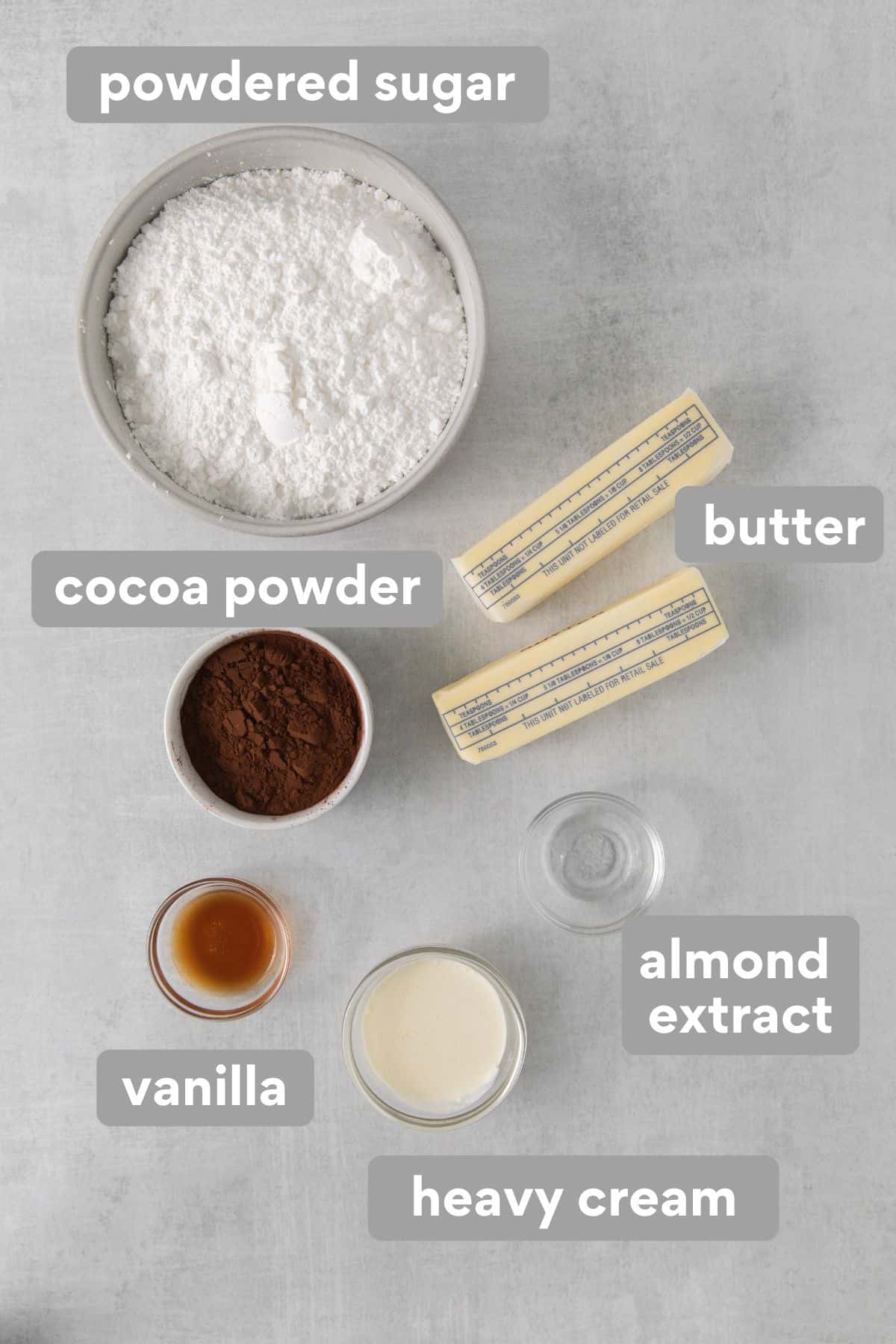 Gluten-free chocolate frosting ingredients on a countertop