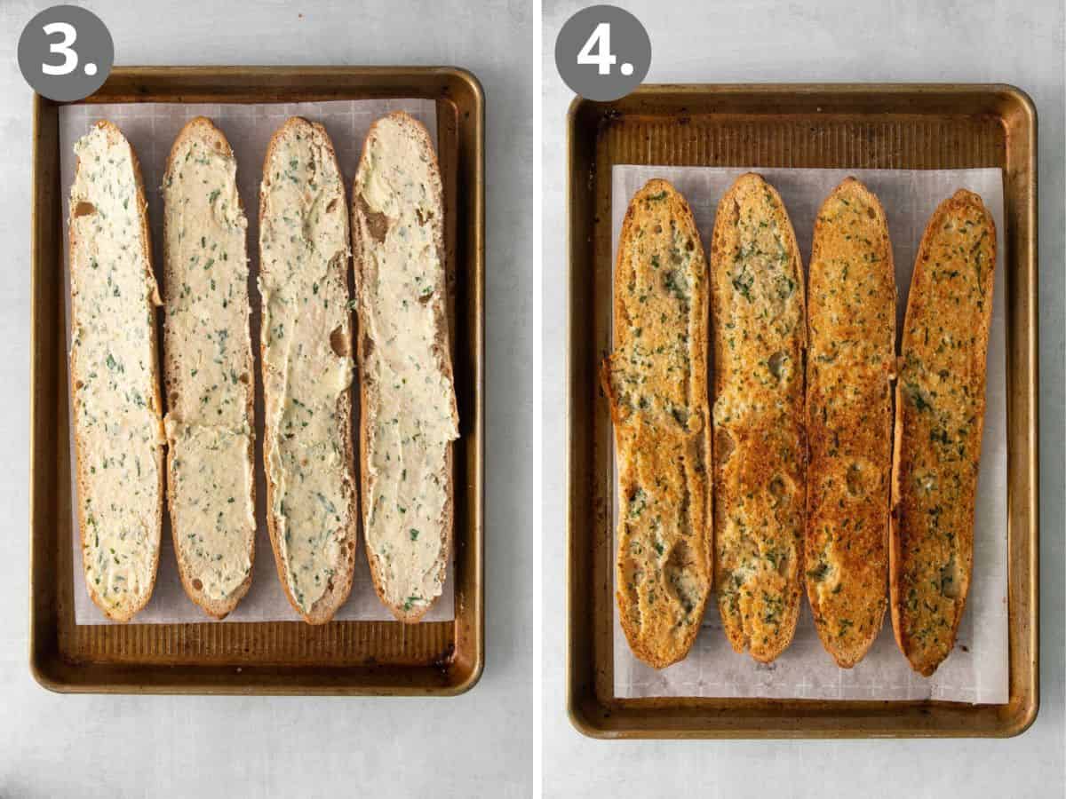 Gluten-free garlic bread on a baking sheet, baked and unbaked
