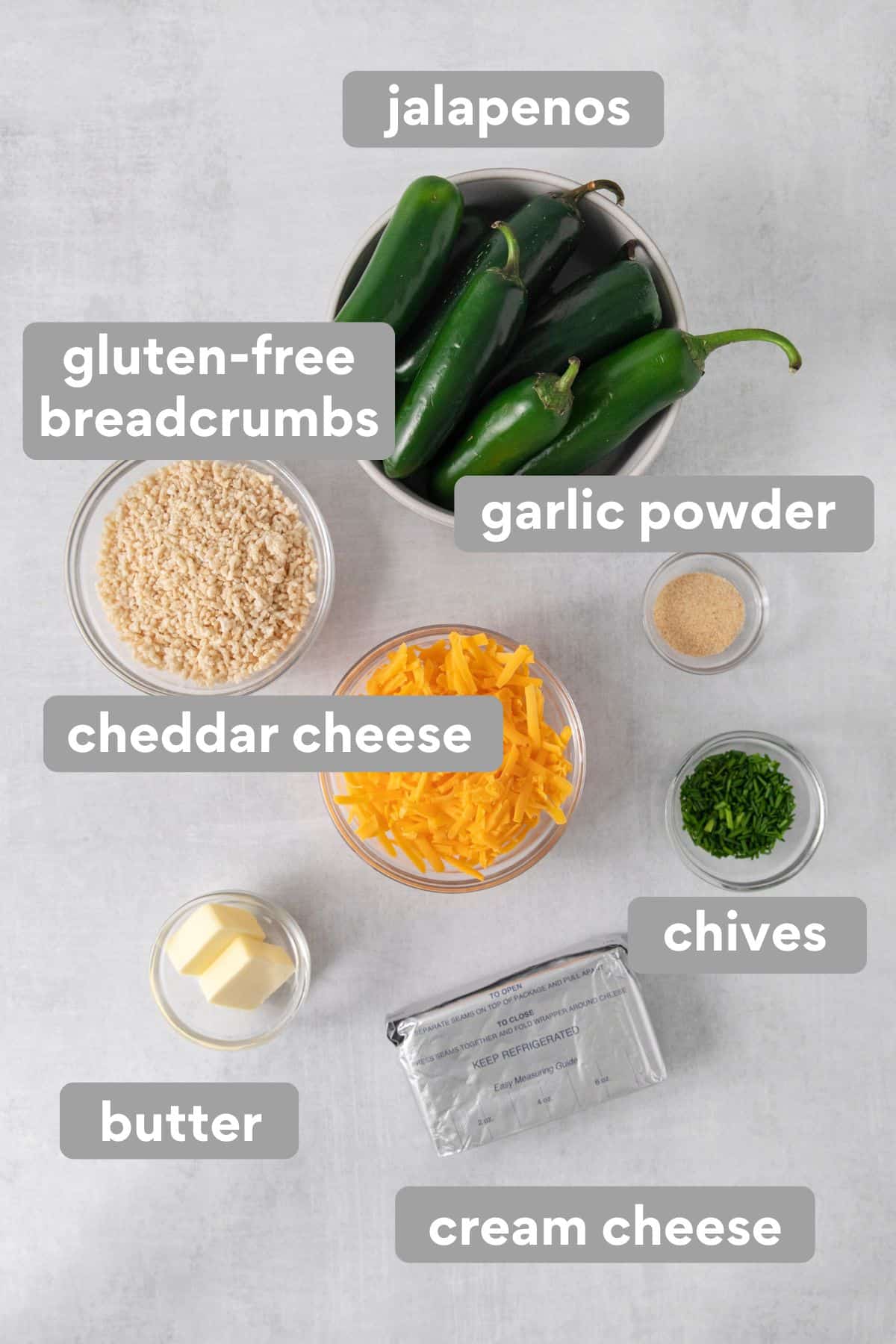 Gluten-free jalapeno popper ingredients on a countertop