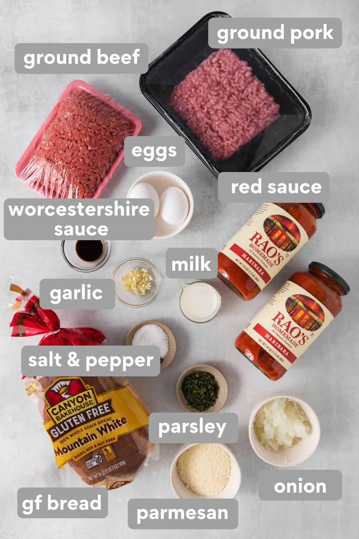 Gluten-free meatball ingredients on a countertop