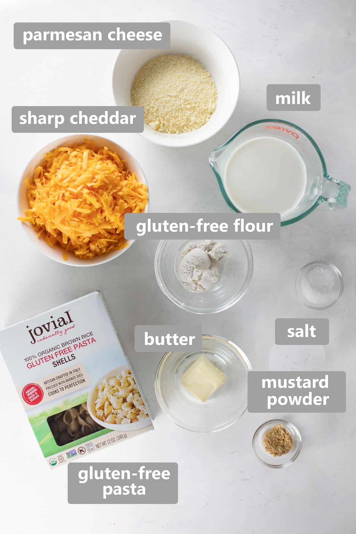 overhead shot of ingredients needed to make gluten free mac and cheese