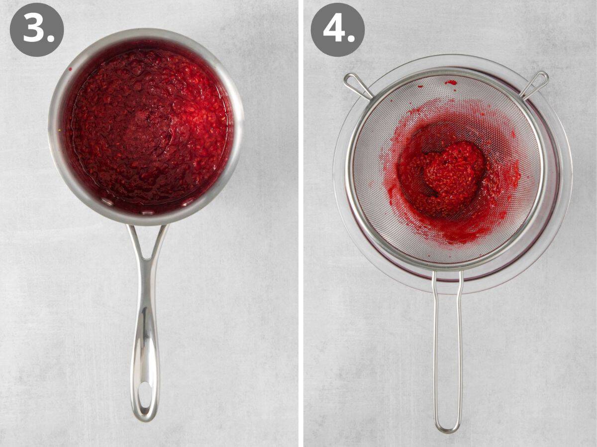 Cooked raspberry coulis and raspberry coulis in a strainer