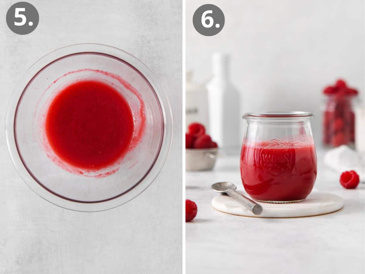 Raspberry coulis in a glass bowl and in a serving jar