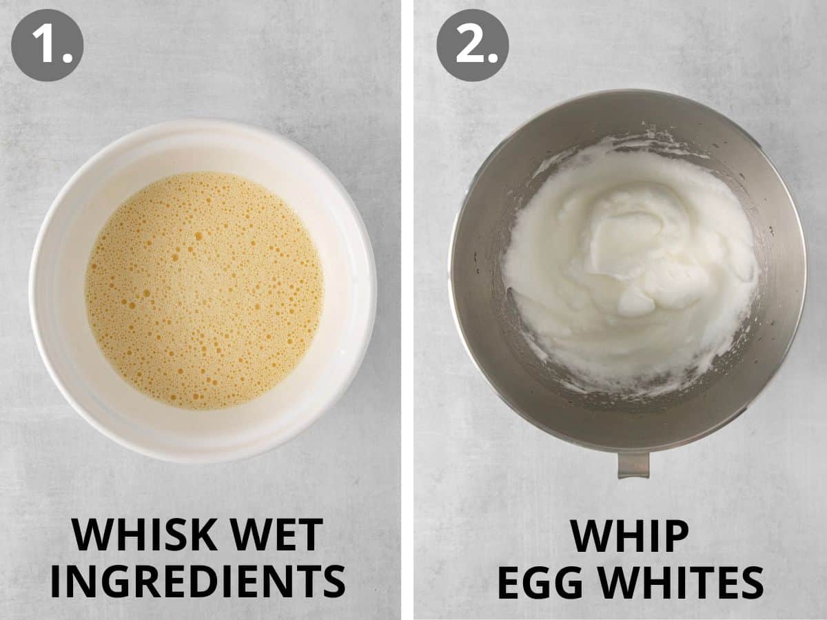 Wet ingredients in a bowl, and egg whites whipped in a bowl
