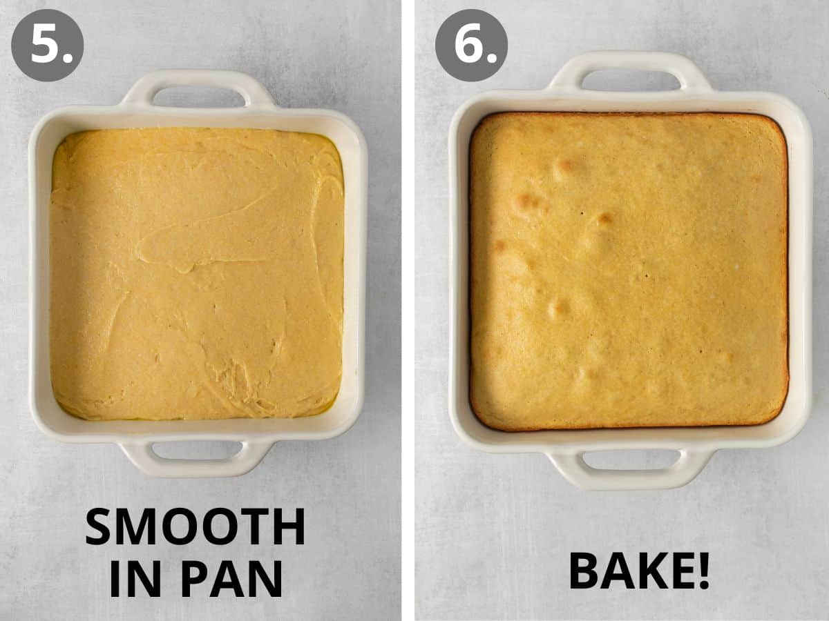 gluten-free cornbread batter in a baking dish, and baked cornbread