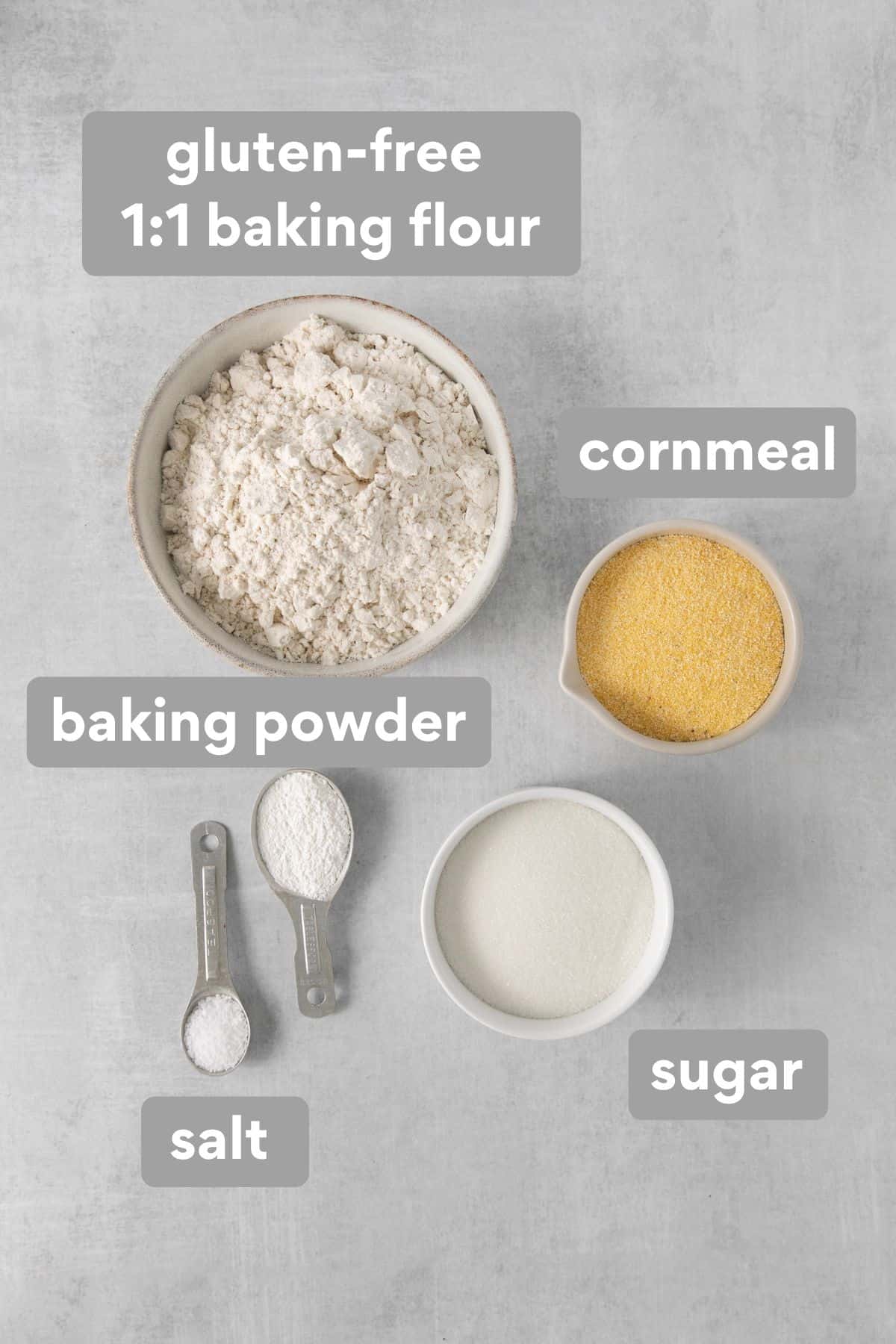 Dry ingredients for gluten-free cornbread on a counter top
