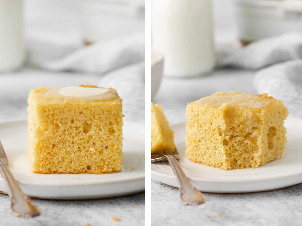 A slice of gluten-free cornbread with butter on top