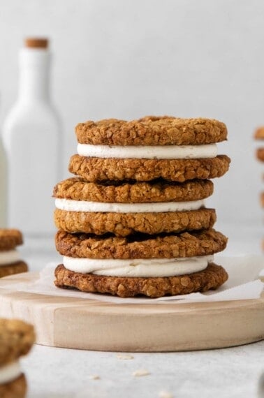 Gluten-free oatmeal cream pies stacked on top of each other