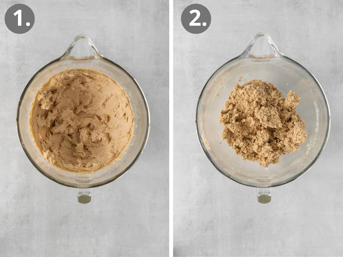 Gluten-free oatmeal cream pie batter in a bowl, and mixed batter in a bowl