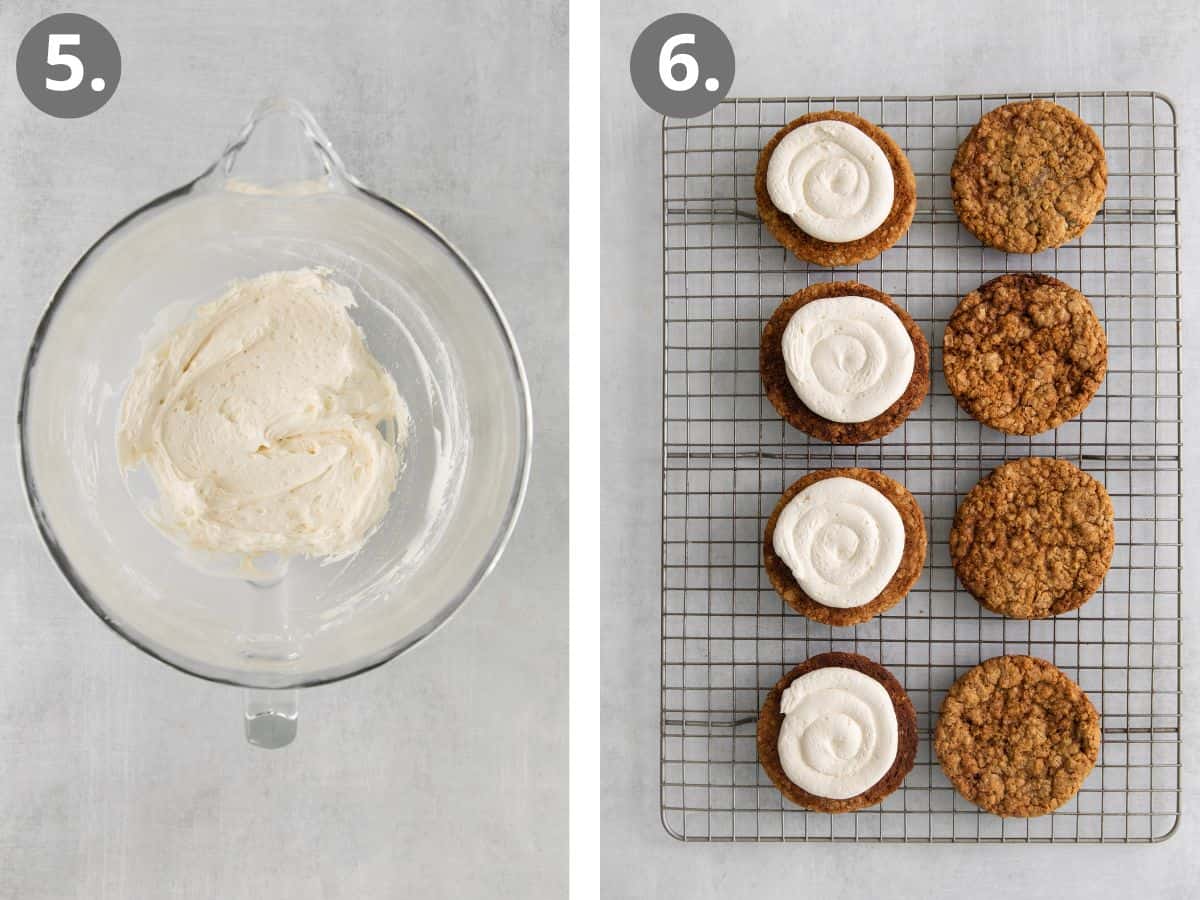 Oatmeal cream pie filling in a glass bowl, and oatmeal pies with frosting on one side