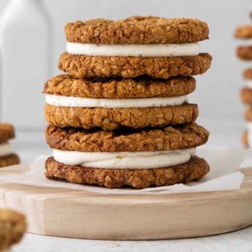 A stack of oatmeal cream pies on a platter
