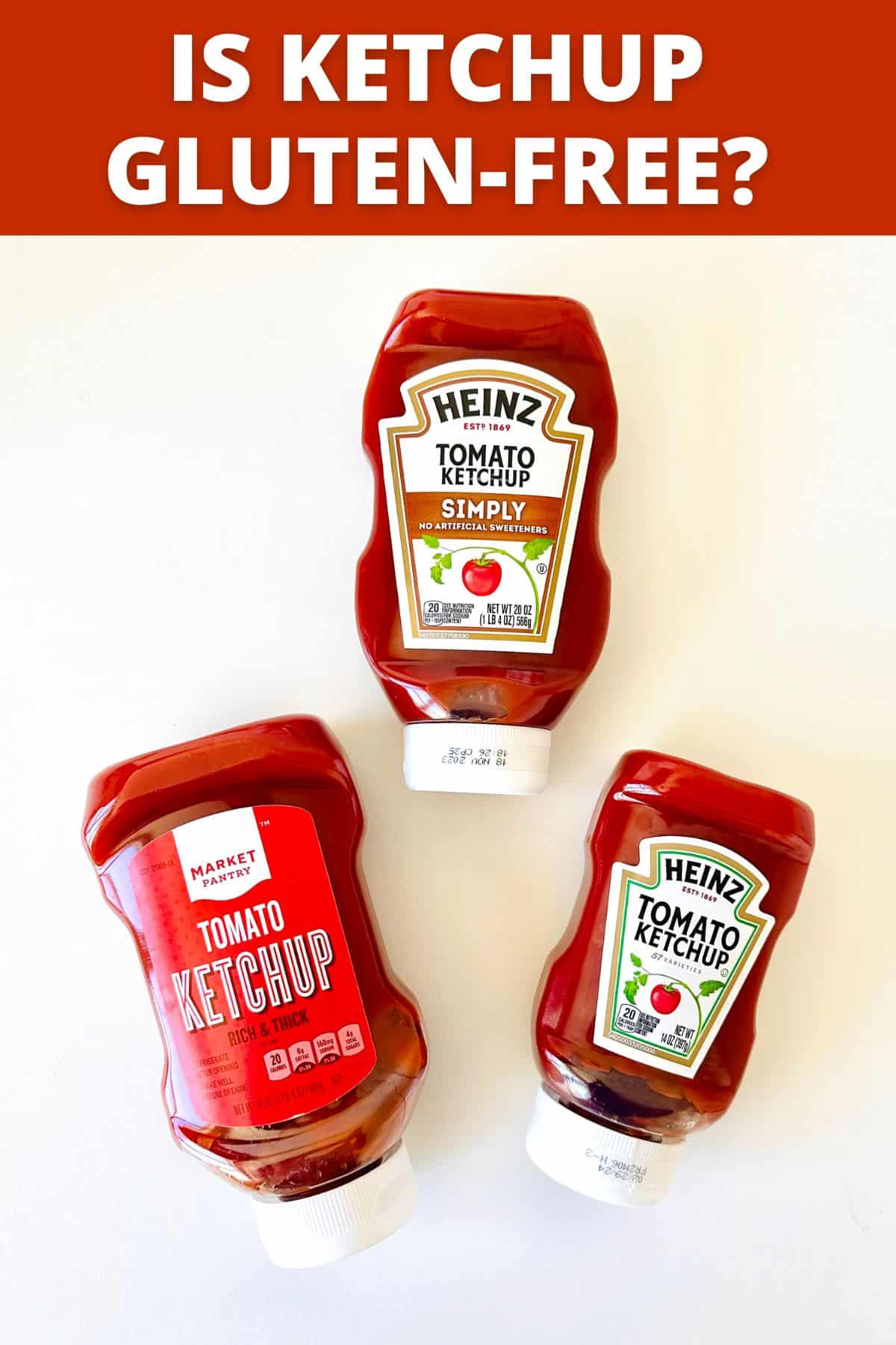 overhead shot of 3 types of ketchup with white background