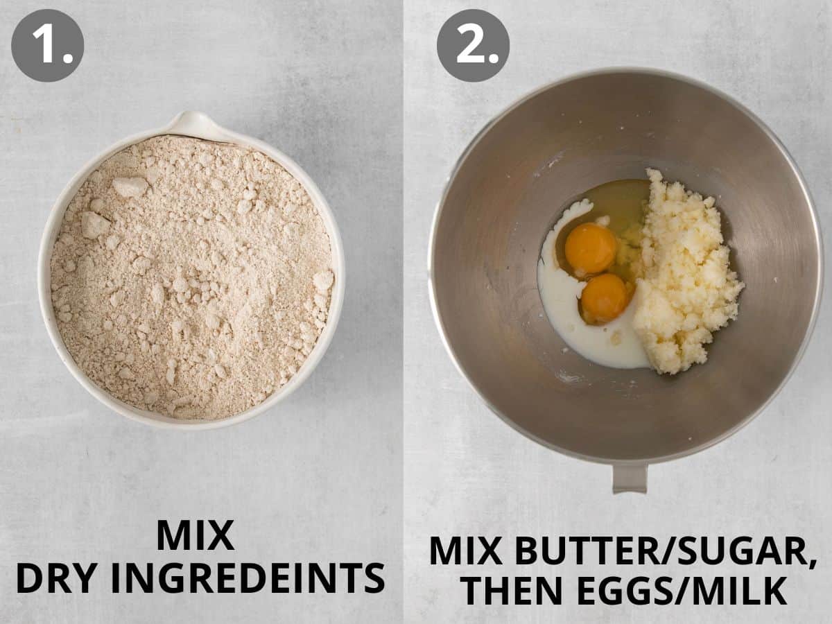 Dry ingredients in a bowl, and buttermilk and eggs added to the bowl