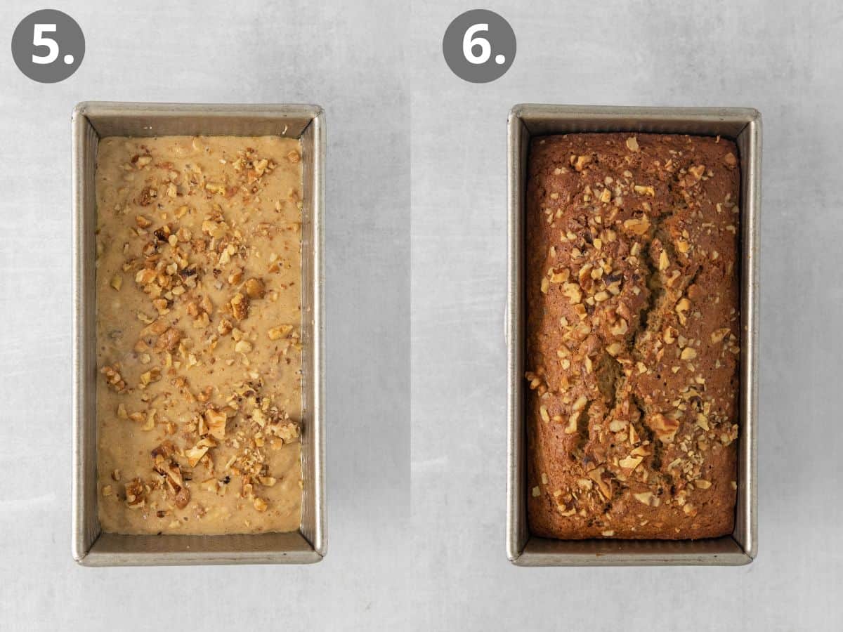 Unbaked batter in a loaf pan, and baked banana bread in a loaf pan