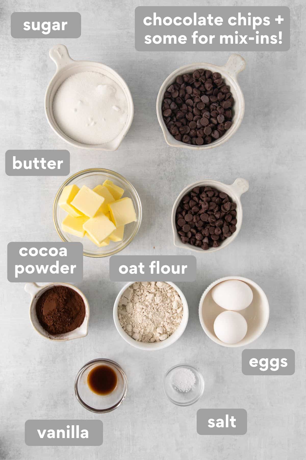 Oat flour brownie ingredients on a counter top