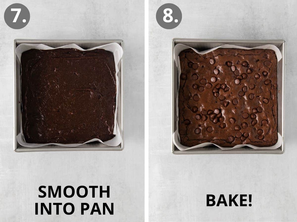 Brownie batter smoothed into a pan, and baked brownies