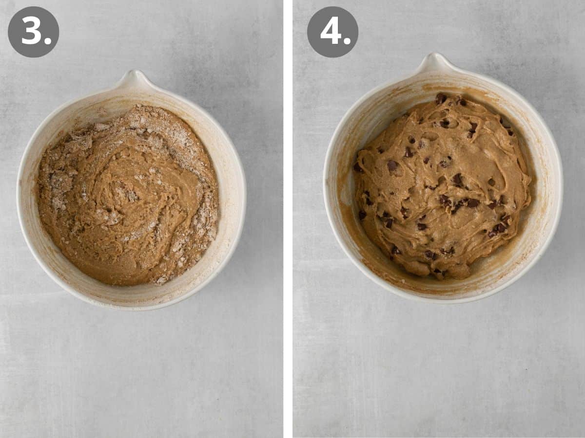 Mixed batter in a bowl, and chocolate chips mixed into a bowl